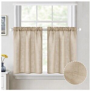 Tier Curtains 26"W x 30"L Semi Sheer Linen Look 2 Panels Camel Beige MIULEE